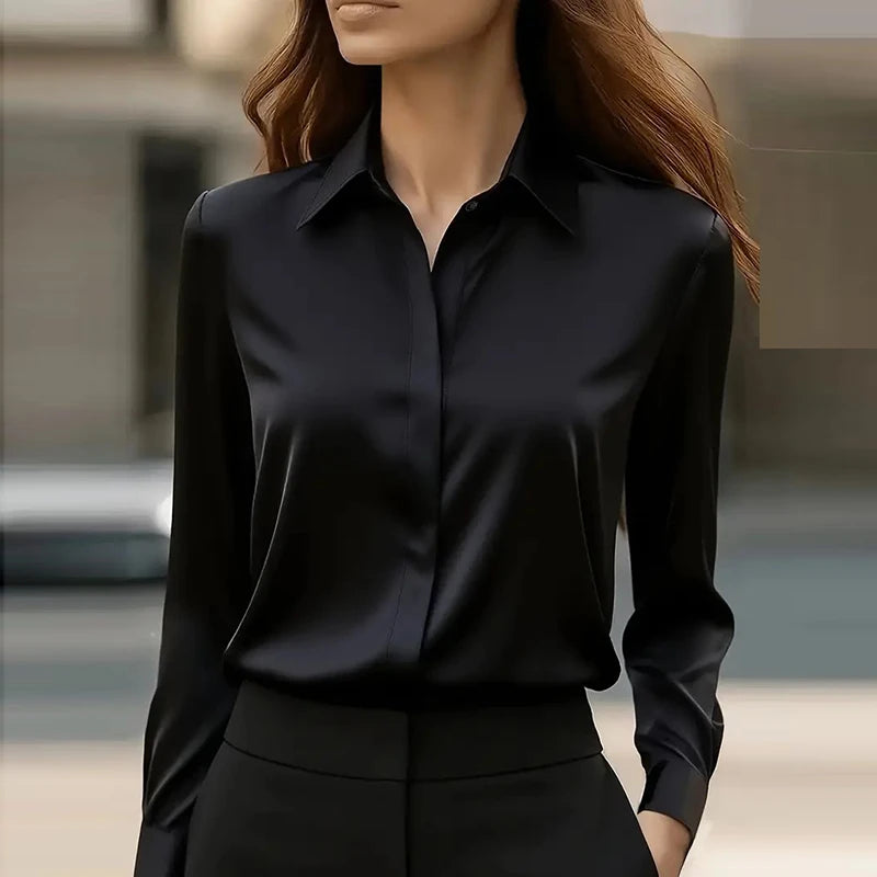 New Women's Office Blouse Long Sleeve Turn Down Collar Formal Shirt, Solid Colors Blue White Black Gray