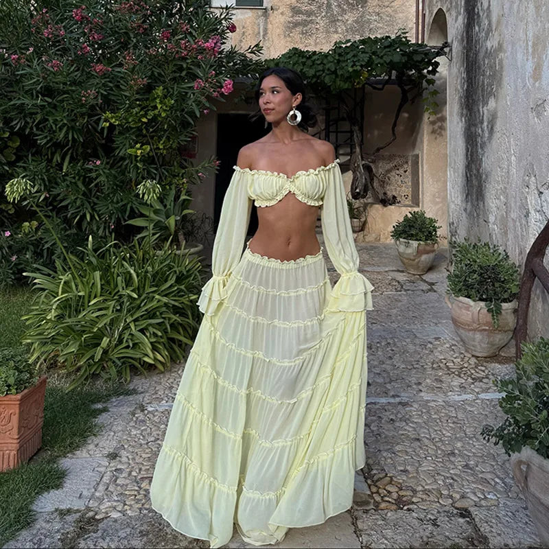 Elegant Yellow Off Shoulder 2 Piece Set Women Ruffled Sheer Chiffon Crop Top High Waist Maxi Skirt Summer Beach Vacation Outfit